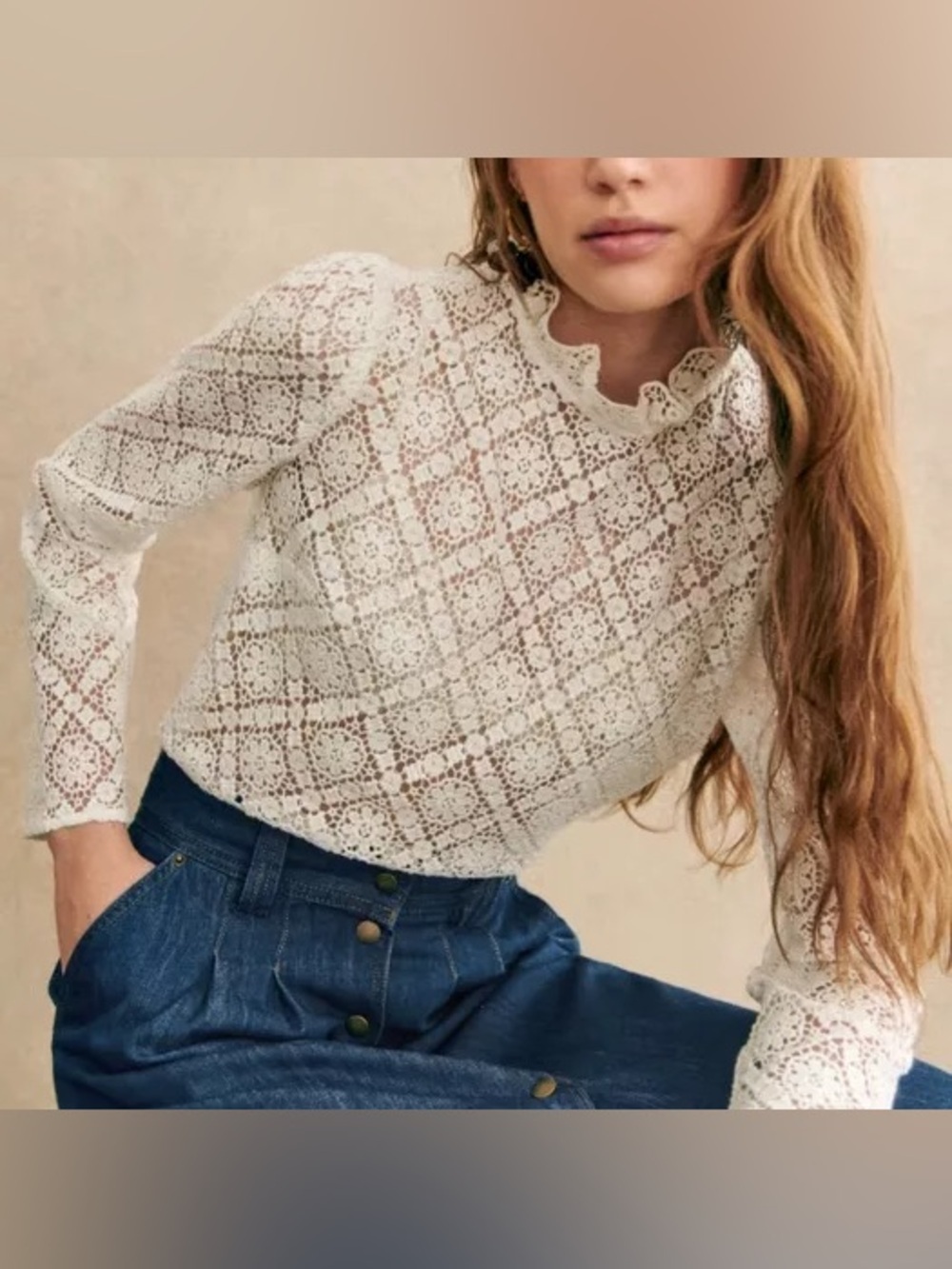 Sezane White Lace Long-Sleeve Blouse